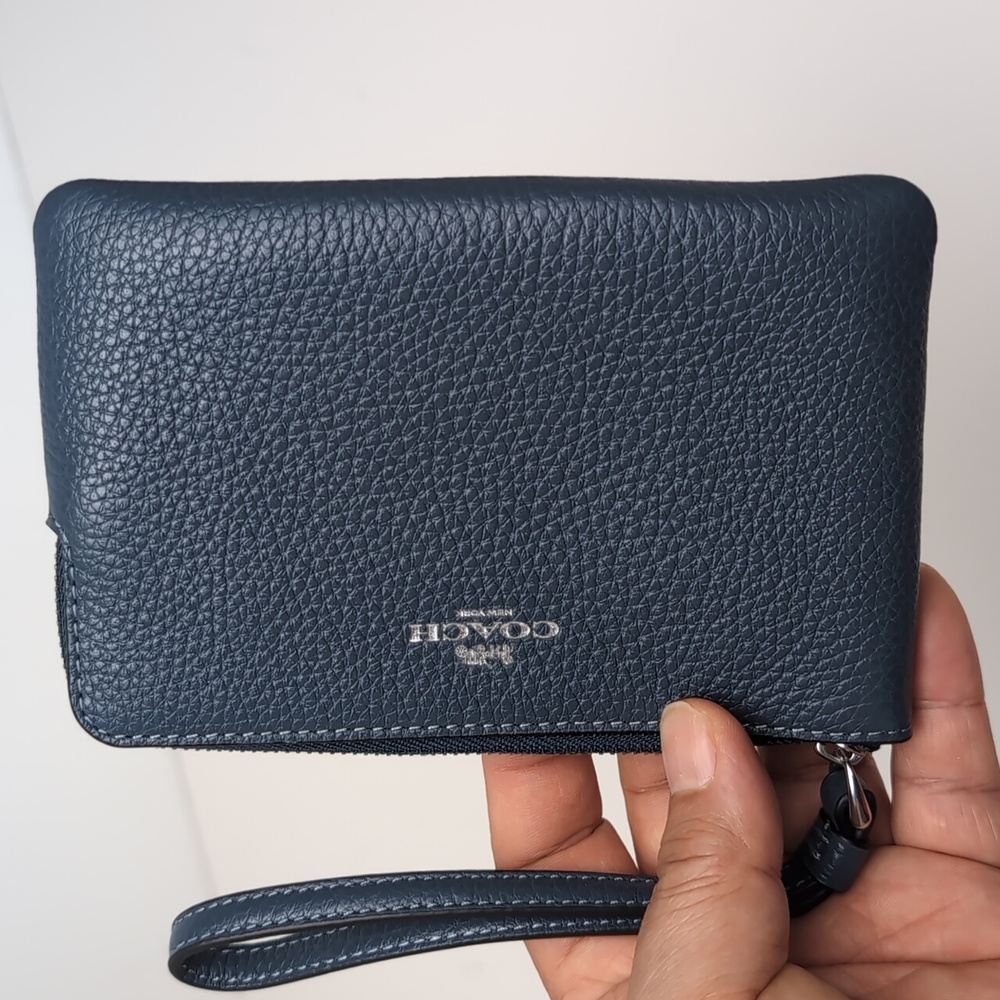 Coach CP483 Refined Pebble Leather Corner Zip Wristlet Silver/Denim